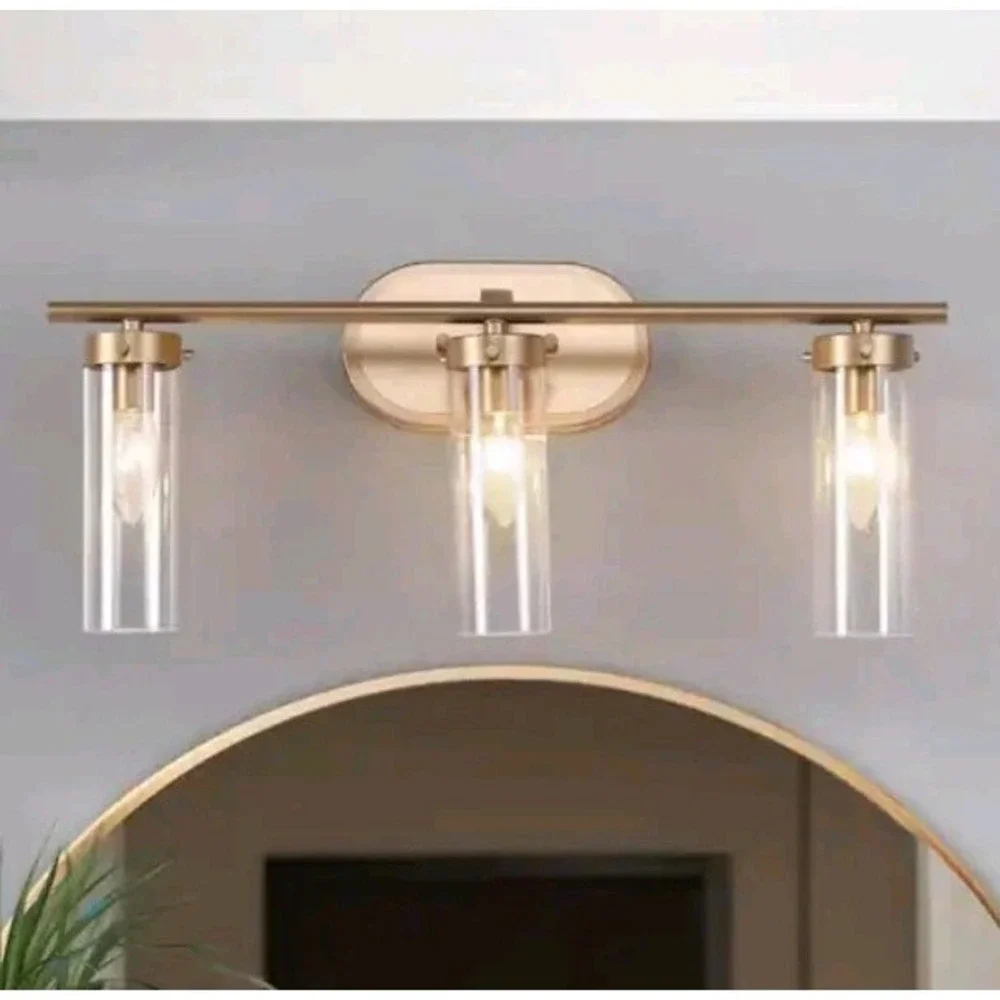Antique Gold Modern 3-Light Bathroom Vanity Light 21.5 in. Modern Glass Cylinder